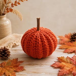 May include: A round, orange crocheted pumpkin featuring a textured, ribbed surface and a brown cinnamon stick stem. The pumpkin is displayed alongside dried autumn leaves, pinecones, and a beige fabric cloth on a light wooden surface.