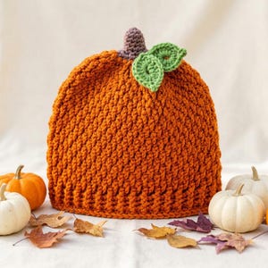 May include: A bright orange crochet beanie hat shaped like a pumpkin, featuring a textured stitch pattern, a small brown stem at the top, and two light green crocheted leaves attached near the stem, creating a rounded, seasonal headwear piece.