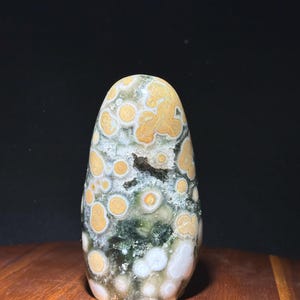 May include: A polished, dome-shaped ocean jasper stone featuring a complex pattern of circular orbs in shades of mustard yellow, forest green, and white. The surface displays a small, central vug or cavity filled with tiny, sparkling crystals.