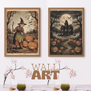 May include: Two framed wall art prints featuring Halloween themes. The left print shows a witch with a broom and pumpkins in a forest. The right print depicts a haunted house under a full moon with pumpkins in the foreground. Text reads WALL ART.