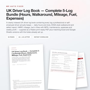 UK Driver Log Book Template, Fillable PDF, Hours, Mileage, Fuel, Expenses (37 Pages) afbeelding 1
