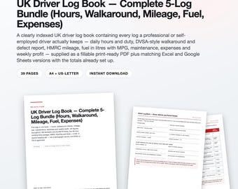 UK Driver Log Book Template, Fillable PDF, Hours, Mileage, Fuel, Expenses (37 Pages)