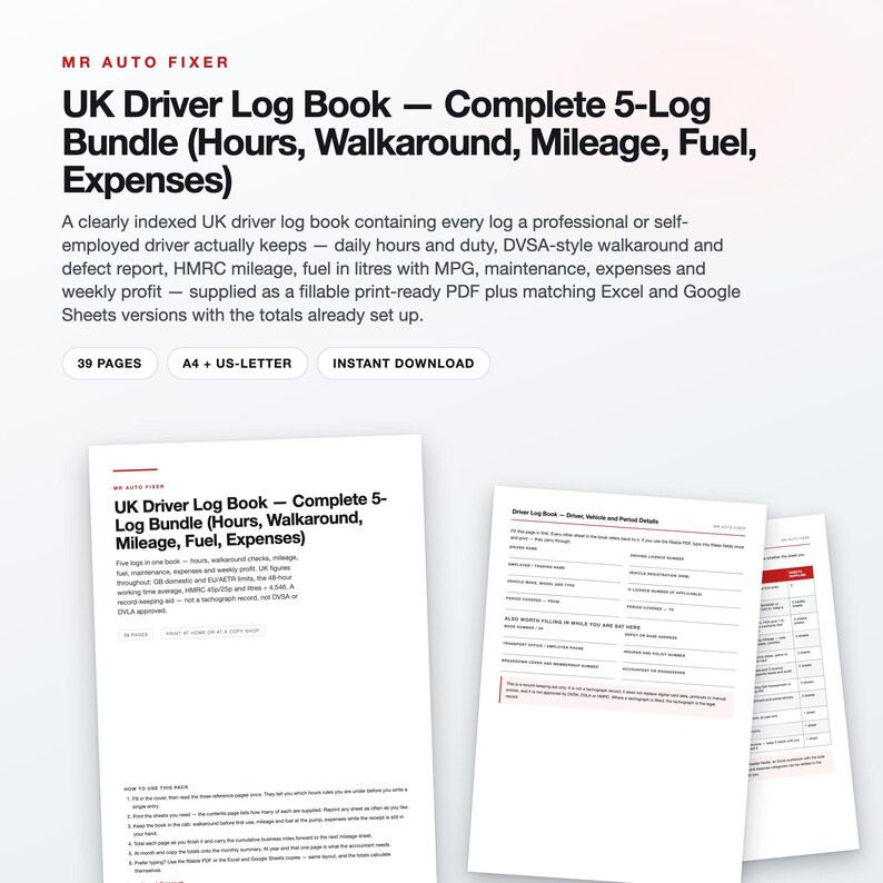 UK Driver Log Book Template, Fillable PDF, Hours, Mileage, Fuel, Expenses (37 Pages) afbeelding 1