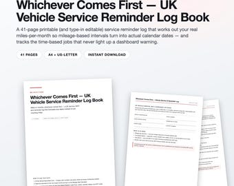 UK Vehicle Service Reminder Log, Fillable PDF Tracker (41 Pages)
