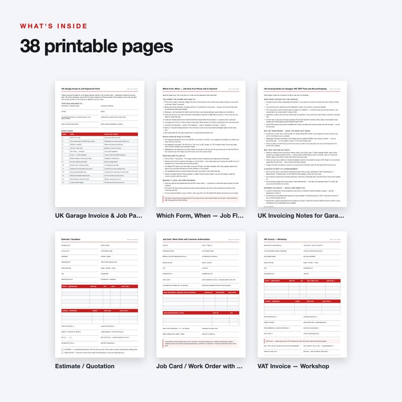 UK Garage Invoice & Job Card Pack, VAT Ready, Fillable PDF (A4) image 2