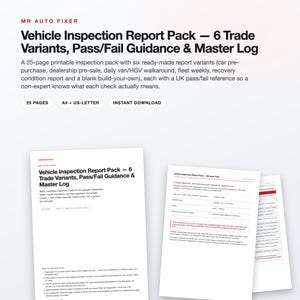 UK Vehicle Inspection Report Pack, 25-Page Fillable PDF, Pre-Purchase Car Check (Digital Download) zdjęcie 1