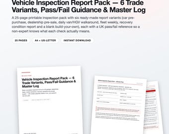 UK Vehicle Inspection Report Pack, 25-Page Fillable PDF, Pre-Purchase Car Check (Digital Download)
