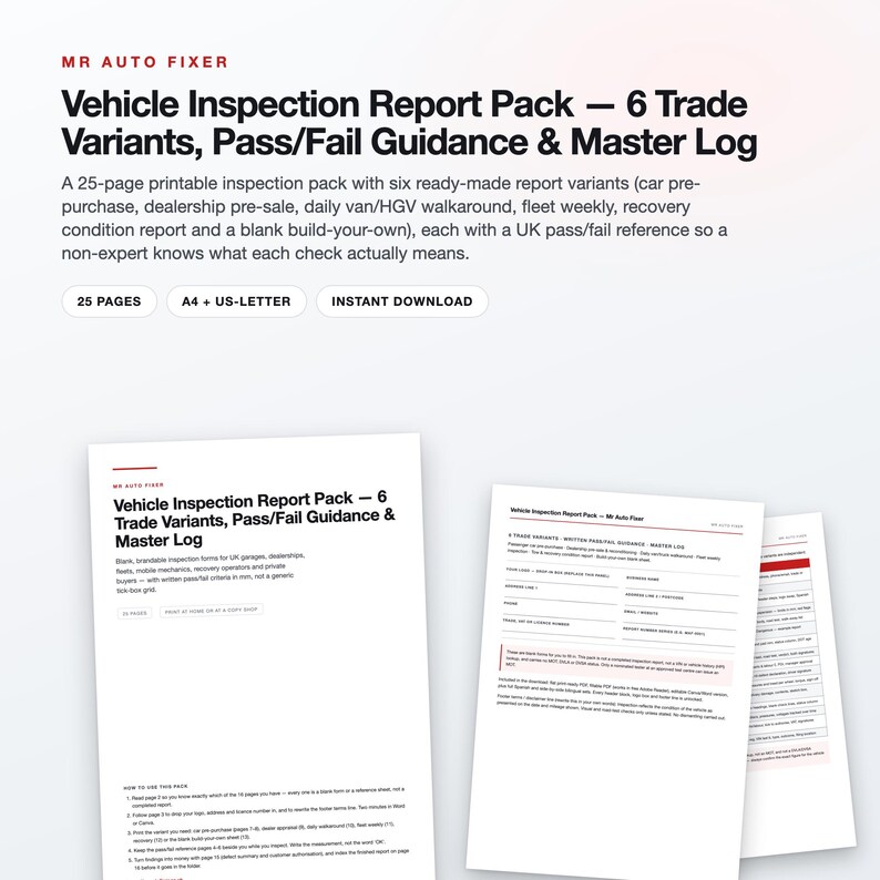 UK Vehicle Inspection Report Pack, 25-Page Fillable PDF, Pre-Purchase Car Check (Digital Download) zdjęcie 1