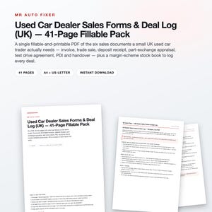 UK Used Car Dealer Sales Forms & Deal Log (41 Page Fillable PDF) Bild 1