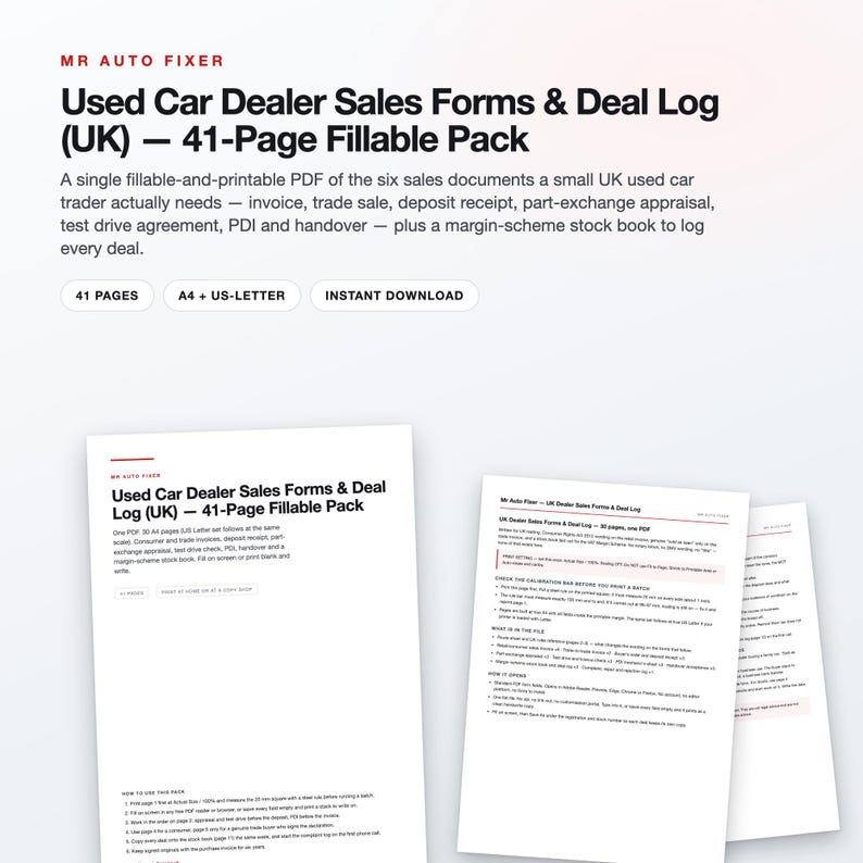 UK Used Car Dealer Sales Forms & Deal Log (41 Page Fillable PDF) Bild 1