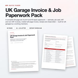 UK Garage Invoice & Job Card Pack, VAT Ready, Fillable PDF (A4) image 1