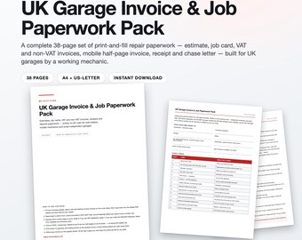 UK Garage Invoice & Job Card Pack, VAT Ready, Fillable PDF (A4)