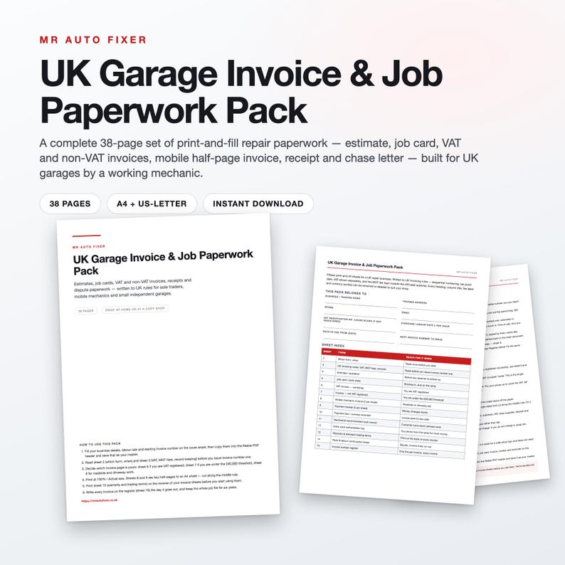 UK Garage Invoice & Job Card Pack, VAT Ready, Fillable PDF (A4) image 1