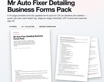 UK Car Detailing Business Forms Pack: 34-Page Fillable PDF (A4/US Letter)