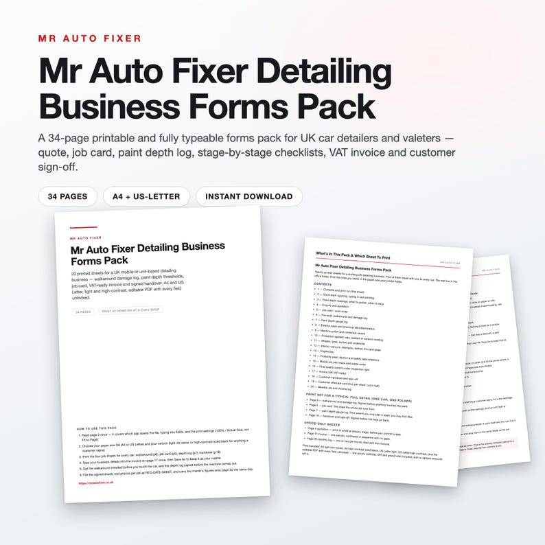 UK Car Detailing Business Forms Pack: 34-Page Fillable PDF (A4/US Letter) image 1