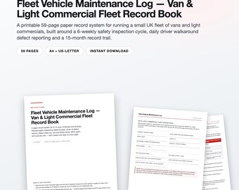 Fillable Fleet Vehicle Maintenance Log, Van & Light Commercial Record Book (59 Pages)