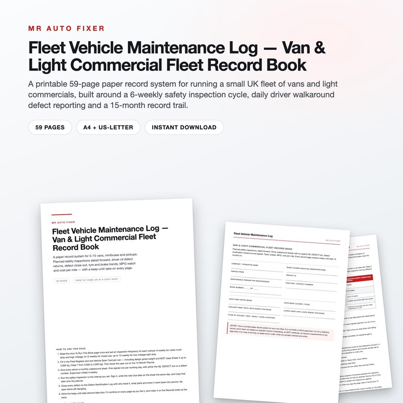 Fillable Fleet Vehicle Maintenance Log, Van & Light Commercial Record Book (59 Pages) Bild 1