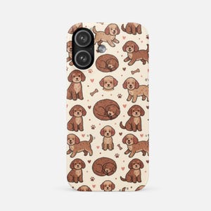 May include: A phone case with a cream-coloured background featuring a repeating pattern of brown curly-haired dogs in various poses, including sitting, standing, and curled up sleeping, interspersed with small pink hearts, bones, and paw prints.
