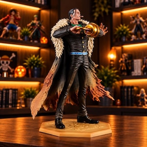 Pode incluir: Uma figura detalhada de um homem com cabelo escuro e um charuto, vestindo uma camisa preta, calças pretas e um casaco comprido com gola de pelo creme. A figura apresenta uma mão em gancho dourada, um cinto azul e uma base hexagonal.