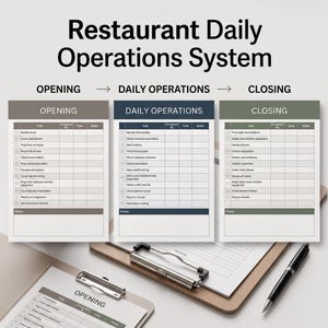 May include: A Restaurant Daily Operations System document featuring three distinct checklists labelled Opening, Daily Operations, and Closing. Each section includes columns for tasks, completed by, time, and notes. The design uses brown, blue, and green headers.