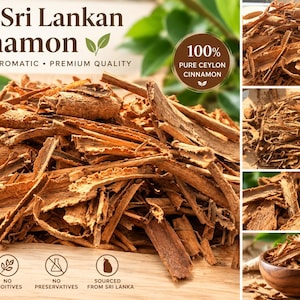 May include: A pile of light brown, dried Sri Lankan cinnamon bark pieces with a rough, woody texture. The image includes text reading Pure Sri Lankan Cinnamon, Natural, Aromatic, Premium Quality, 100% Pure Ceylon Cinnamon, No Additives, No Preservatives, and Sourced from Sri Lanka.