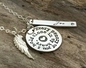 Personalized Sterling Silver Sympathy Necklace, Heart Burst Design & Angel Wing Charm, Memorial Gift for Loss of Husband