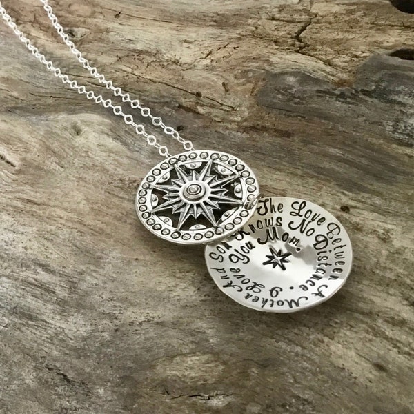 Mother Necklace from Son - Sterling Silver Personalized Locket with Compass Pendant - Distance Love Keepsake - Mother’s Day gift for Mom