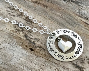 Sterling Silver Heart Necklace with Kids Names - Customized Jewelry for Moms - Keepsake of Love - Great Gift for Grandma