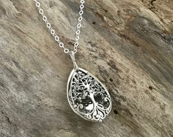 Tree of Life Locket Necklace, Sterling Silver Teardrop Pendant, Ideal Sentimental Gift for Her