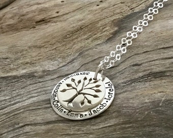 Mother's Sterling Silver Tree of Life Necklace, Personalized Layered Pendant with Children's Names, Ideal Keepsake Gift for Mom