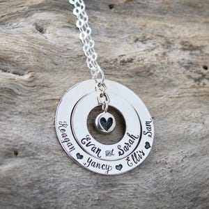 Custom Sterling Silver Mother's Necklace, Imprinted Heart Design with Children's Names, Ideal Birthday or Mothers Day gift image 1