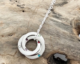 Circle Birthstone Necklace - Personalized Sterling Silver Family Jewelry with Interlocking Rings - Perfect Gift for Mothers and Grandmothers