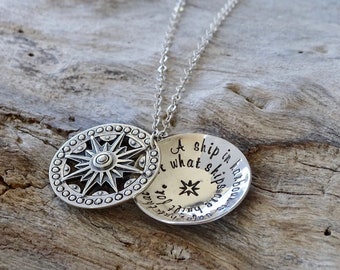 Sterling Silver Compass Pendant, Personalized Locket with Uplifting Quote, Perfect Gift for Navigating Life's Challenges