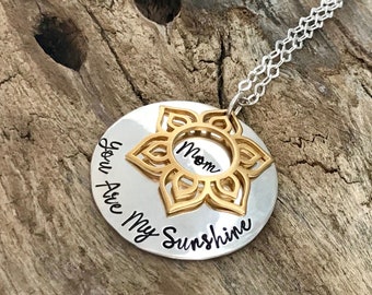You Are My Sunshine Sterling Silver Necklace with Gold Flower Pendant, Sentimental Mother-Daughter Jewelry, Perfect Gift