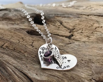 Memorial Heart Necklace - Personalized Sterling Silver Angel Wing Pendant with Birthstone - 'God Has You in His Arms’ - Funeral Gift