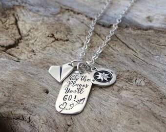 Dr Seuss Inspired Sterling Silver Compass Necklace,  "Oh The Places You'll Go" Dog Tag, Ideal for Travel Enthusiasts or Graduation Gift