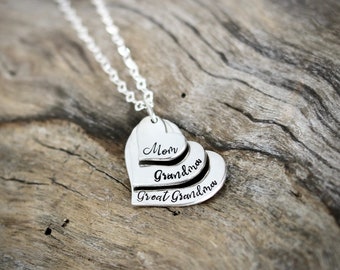 Heart Family Necklace - Three Layered Hearts in Sterling Silver for a Mom, Grandma, Great Grandma - Memorable Mother’s Day Gift