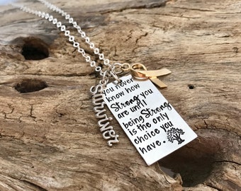 Cancer Survivor Necklace, Sterling Silver Strength Pendant with Gold Awareness Ribbon, Inspirational Gift, Encouragement Jewelry