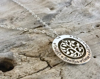 Customizable Family Tree Necklace in Sterling Silver, Traditional Style Pendant with Grandkid's Names, Ideal Gift for Grandma or Mom