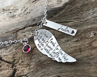 Sterling Silver Angel Wing Necklace: Customized Memorial Jewelry with Engraved Tag & Birthstone - Comforting Bereavement Gift