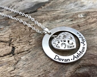 Filigree Heart Necklace - Custom Sterling Silver Pendant with Children's Names - Perfect Gift for Mom