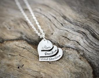 Personalized Heart Pendant in Sterling Silver, Layered Design, Generational Keepsake for Mom, Grandma, Great Grandma