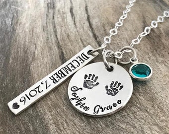 Personalized Grandma Necklace with Baby Handprints, Sterling Silver Tag with Birthdate, Celebrating New Grandmothers