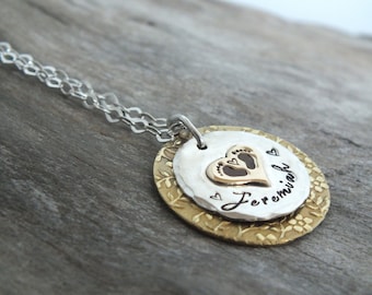 Mixed Metal Mommy Necklace, Adorable Baby Footprints & Flower Pattern, Ideal New Mom, Push Present or Mother’s Day gift