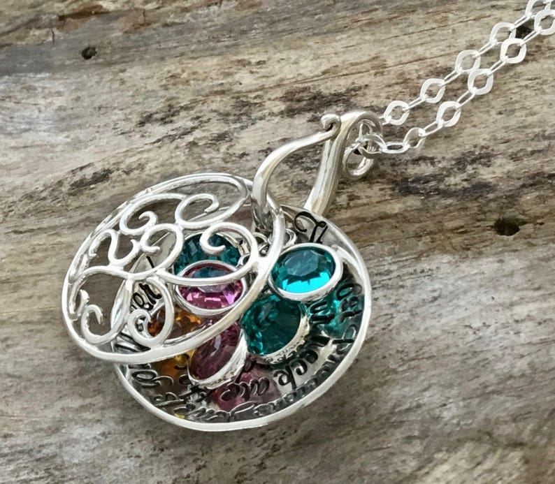 Grandmother Birthstone Necklace Sterling Silver Filigree Locket, Personalized with Names or Phrase, Perfect Keepsake Gift for Grandma image 3