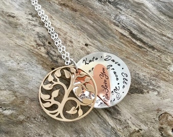 Family Tree Necklace, Personalized Bronze, Copper & Silver Locket for Moms and Grandmas, Cherished Mother’s Day gift for Her