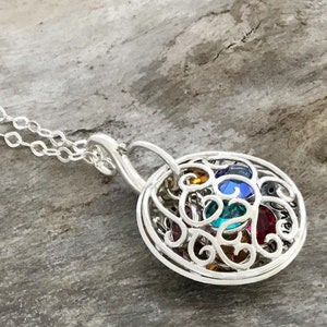 Grandmother Birthstone Necklace - Sterling Silver Filigree Locket, Personalized with Names or Phrase, Perfect Keepsake Gift for Grandma