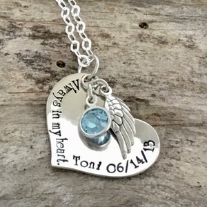 Personalized Sterling Silver Heart Necklace with Guardian Angel Wing and Birthstone - Sympathy and Memorial Jewelry