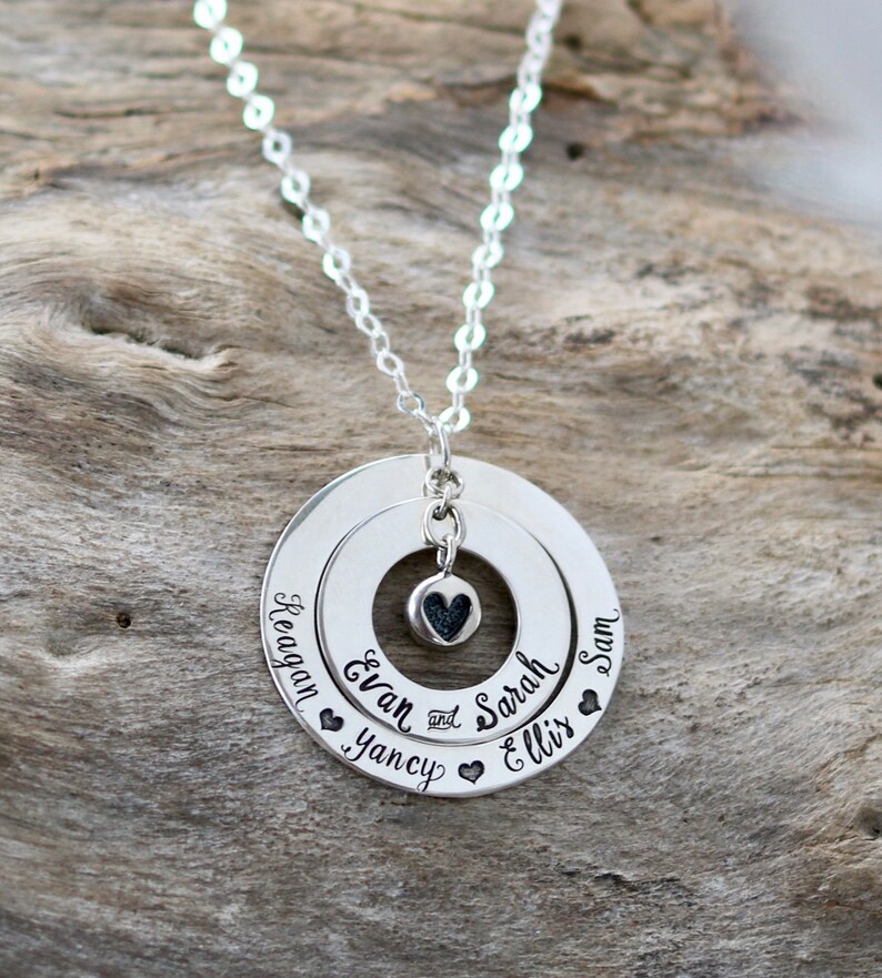 Custom Sterling Silver Mother's Necklace, Imprinted Heart Design with Children's Names, Ideal Birthday or Mothers Day gift image 2