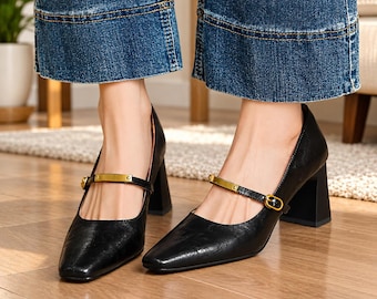 PU Leather Mary Jane Shoes, Women's Chunky Heel Pumps, Buckle Strap Heels, High Heel Commuter Shoes, Elegant Work Shoes, Classic Dress Shoes